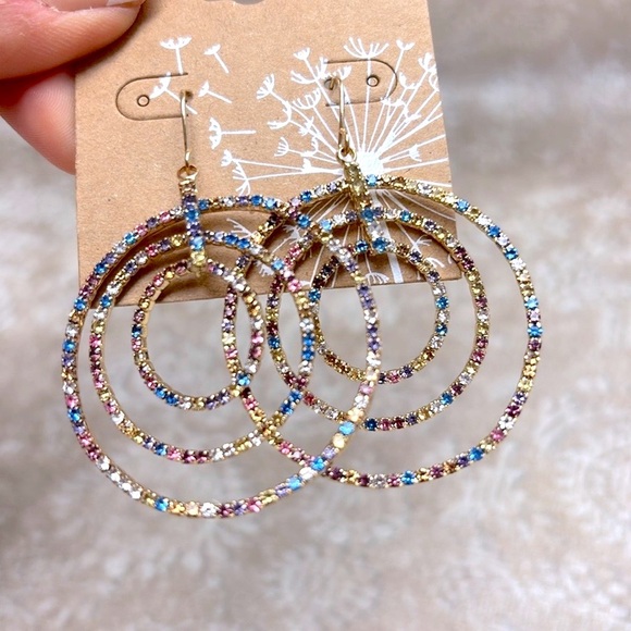 Brand New Pastel Rainbow Multicolored Triple Circle Rhinestone Drop Earrings - Picture 14 of 16